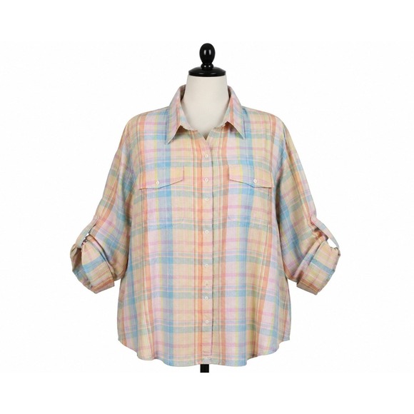 Lauren Ralph Lauren Tops - Lauren Ralph Lauren Shirt Womens 3X Pastel Plaid Linen Cotton Roll Tab